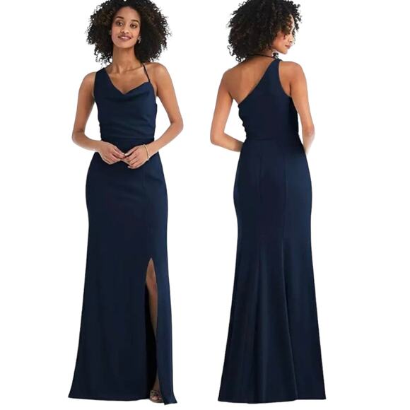 After Six One Shoulder Draped Cowl Neck Midnight Blue maxi Dress Size 12 - Picture 9 of 15